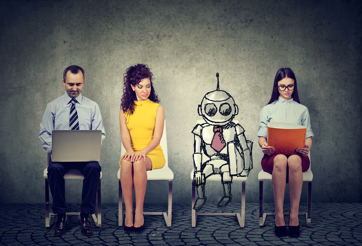 Cartoon robot sitting in line with applicants for a job interview